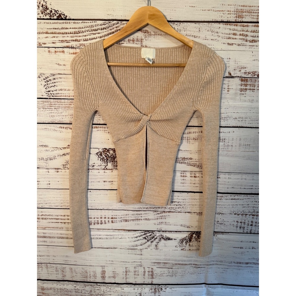H&M Beige Ribbed Twist Front V-Neck Long Sleeve Sweater Top XS